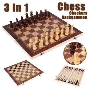 Wooden Chessboard 3-in-1 Portable Folding Chess Checkers Backgammon Set - 29 X 29 CM